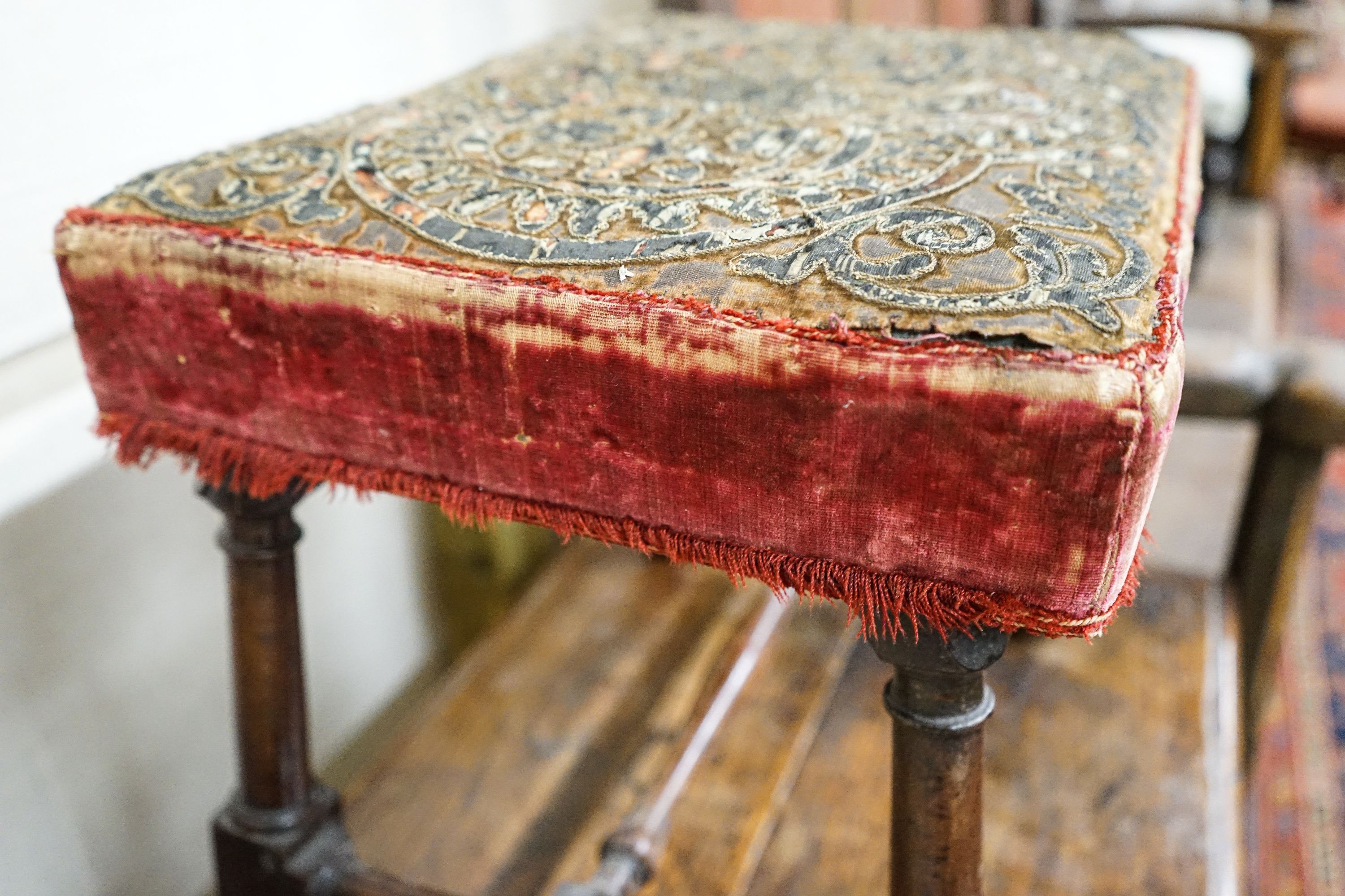 A George III turned mahogany stool with later Turkish bullion work embroidered seat, length 42cm, depth 32cm, height 37cm